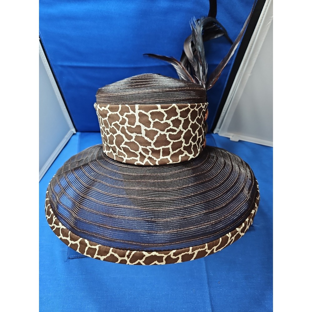 Church Derby Straw Hat Wide Brim Long Feathers Animal Print Whittall & Shon VTG - Picture 4 of 11